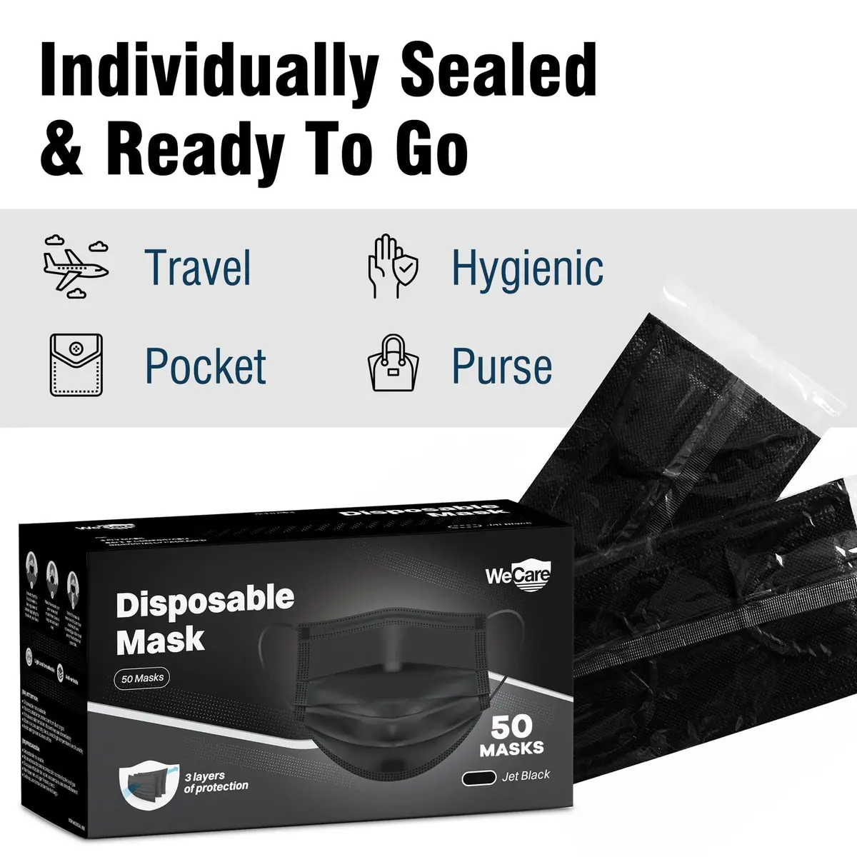 WECARE 50 Box, Individually-Wrapped Masks - Jet Black | 3 Ply Disposable Face Masks for Adults & Kids - view 2