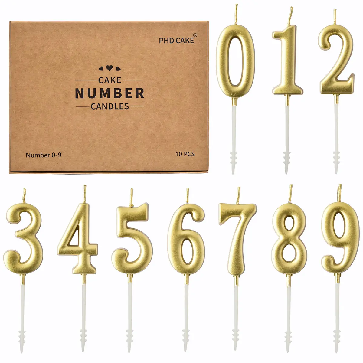 PHD CAKE Gold Numeral Birthday Candles 0-9, 11 cm (4.33 in) | Smokeless, Odorless, Glitter Cake Topper - main product image