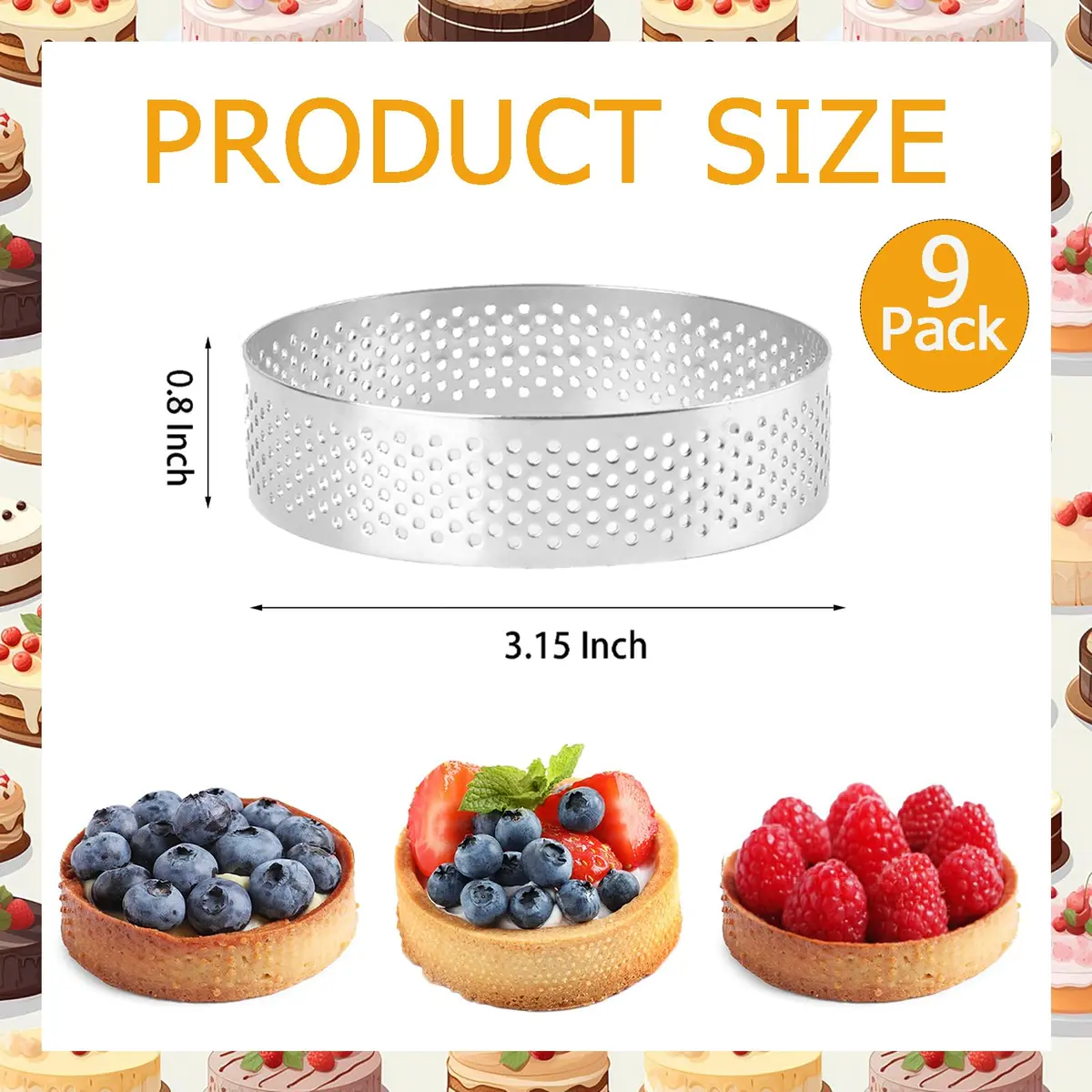 Frcctre 9 Pack 8cm (3.15 Inch) Stainless Steel Tart Rings | Perforated Molds for Tarts, Cakes & Desserts - view 2