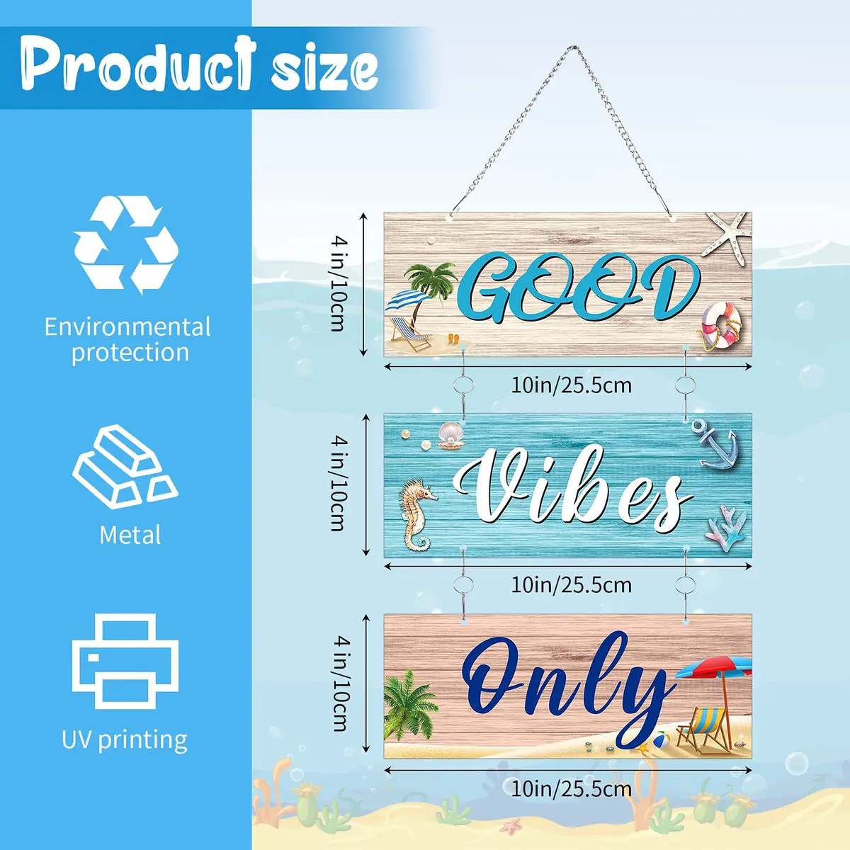 Hotop Metal Coastal Beach Wall Art Decor Good Vibes Only Sign 10 x 4 Inch | Vintage Style Beach Theme - view 2