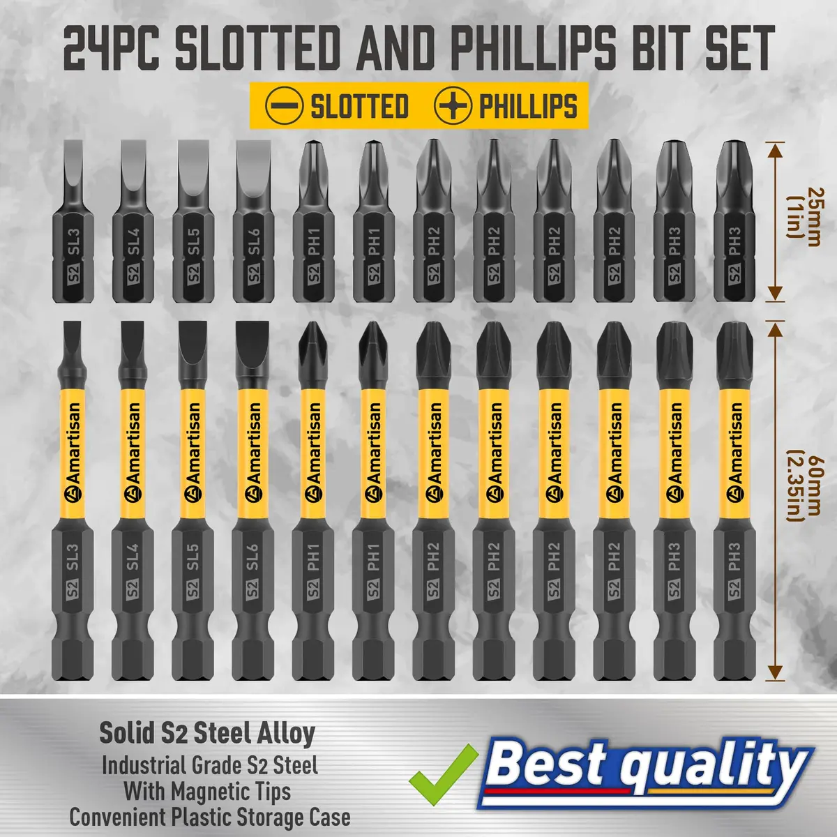 Amartisan 24-Piece Slotted Phillips Drill Bit Set, S2 Alloy Steel, Magnetic Tips, 2.3" Long with Storage Box | Heavy Duty Power Drill Bits for DIY & Professional Use - view 5