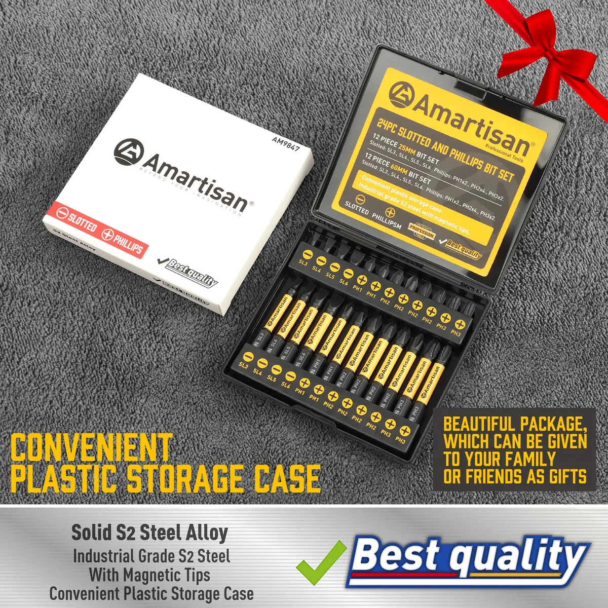 Amartisan 24-Piece Slotted Phillips Drill Bit Set, S2 Alloy Steel, Magnetic Tips, 2.3" Long with Storage Box | Heavy Duty Power Drill Bits for DIY & Professional Use - view 2