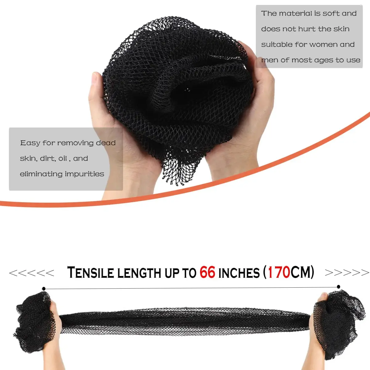 JASSINS African Net Sponge Black | 170cm (66in) Stretched Length | Exfoliating Body Shower Scrubber - view 3