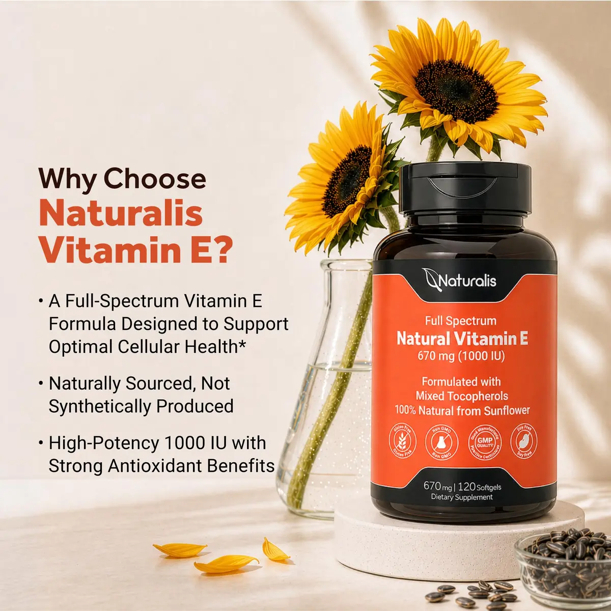 Naturalis Sunflower Vitamin E 670mg (1000 IU) | Natural Skin & Immune Support | 120 Softgels - view 4