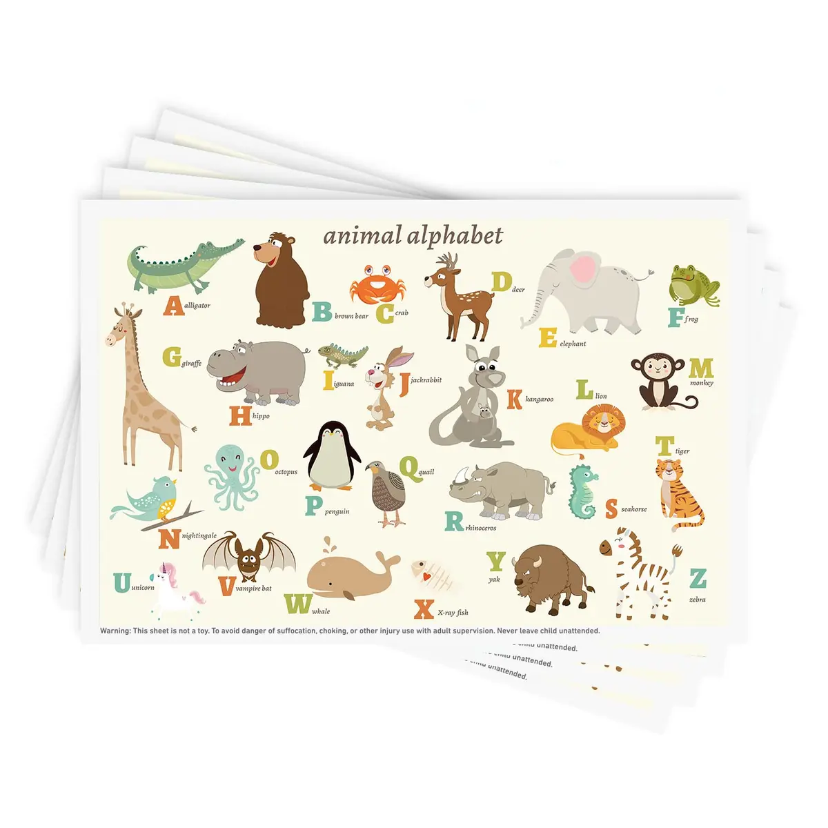 Babebay Disposable Stick-On Placemats for Baby, 40 Pack, Animal Alphabet | Waterproof, Food-Grade Plastic, Vibrant Animal Design - main product image