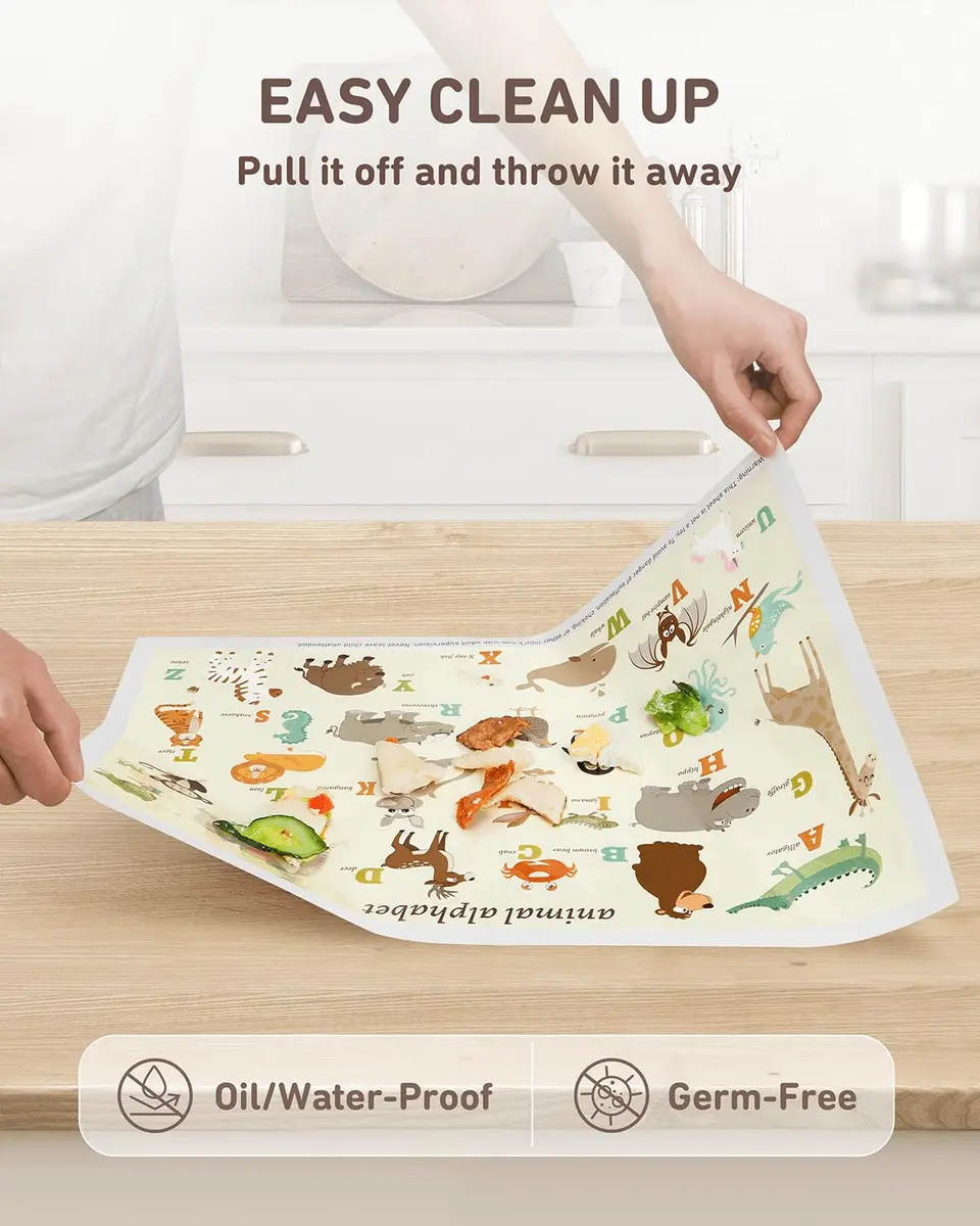Babebay Disposable Stick-On Placemats for Baby, 40 Pack, Animal Alphabet | Waterproof, Food-Grade Plastic, Vibrant Animal Design - view 6