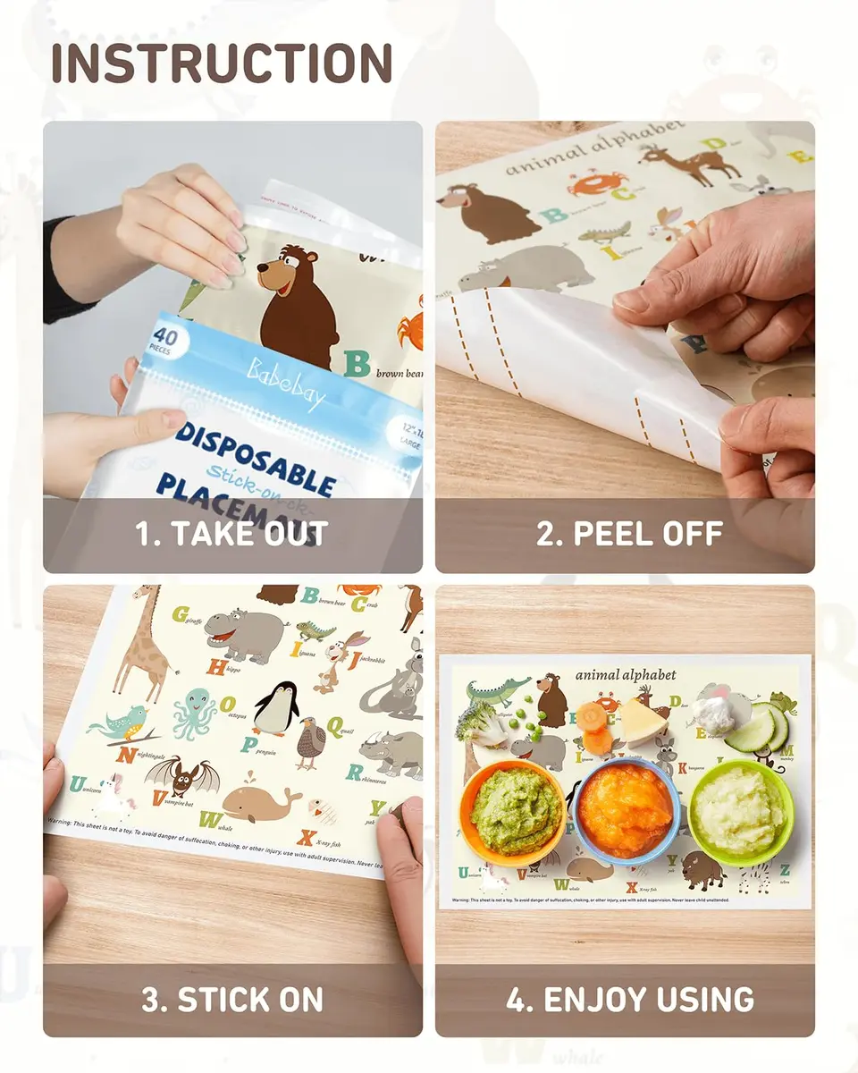 Babebay Disposable Stick-On Placemats for Baby, 40 Pack, Animal Alphabet | Waterproof, Food-Grade Plastic, Vibrant Animal Design - view 7