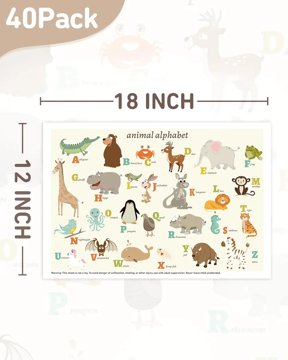 Babebay Disposable Stick-On Placemats for Baby, 40 Pack, Animal Alphabet | Waterproof, Food-Grade Plastic, Vibrant Animal Design - view 8