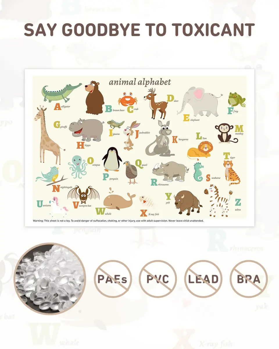 Babebay Disposable Stick-On Placemats for Baby, 40 Pack, Animal Alphabet | Waterproof, Food-Grade Plastic, Vibrant Animal Design - view 2
