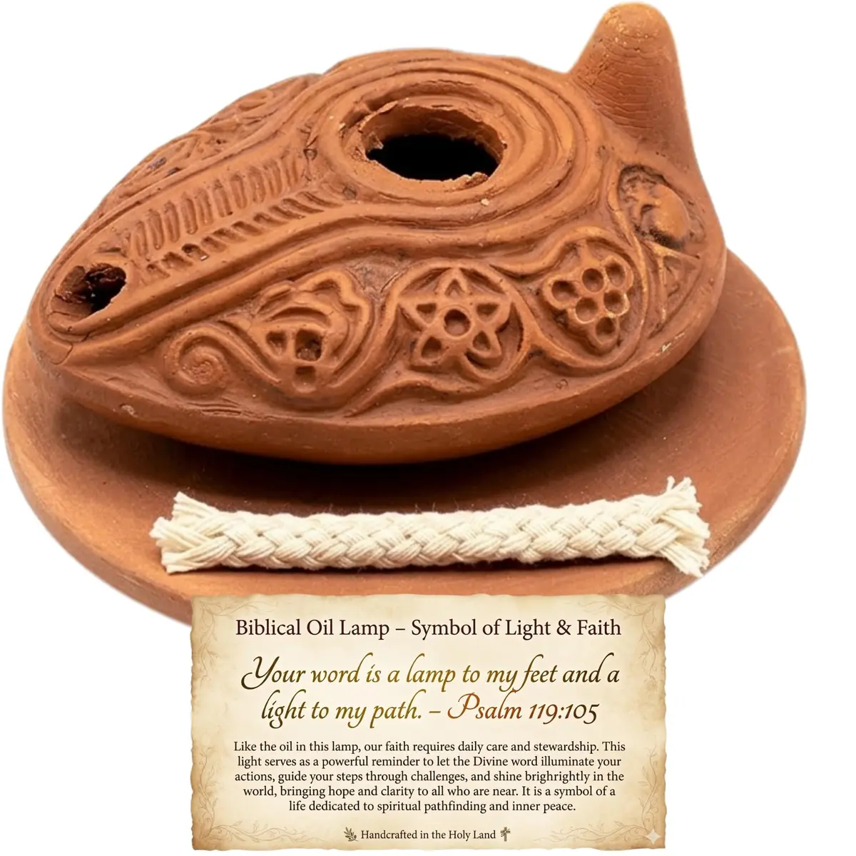 Holy Land Market Biblical Clay Oil Lamp Set, Byzantine Style, Plate, Wicks | Handcrafted Faith Symbol (120 chars) - main product image