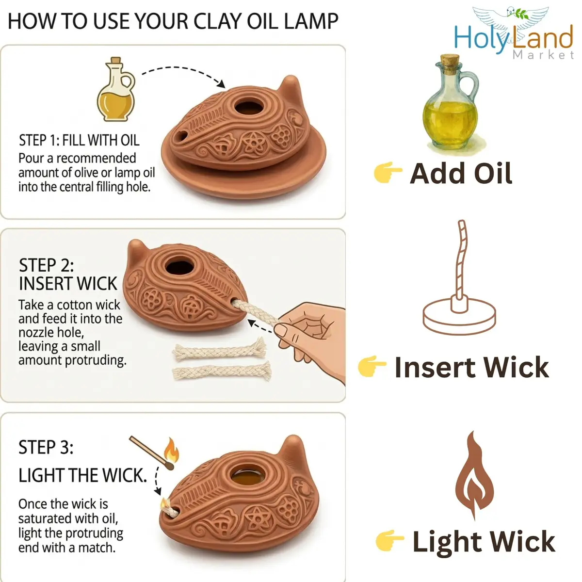 Holy Land Market Biblical Clay Oil Lamp Set, Byzantine Style, Plate, Wicks | Handcrafted Faith Symbol (120 chars) - view 6