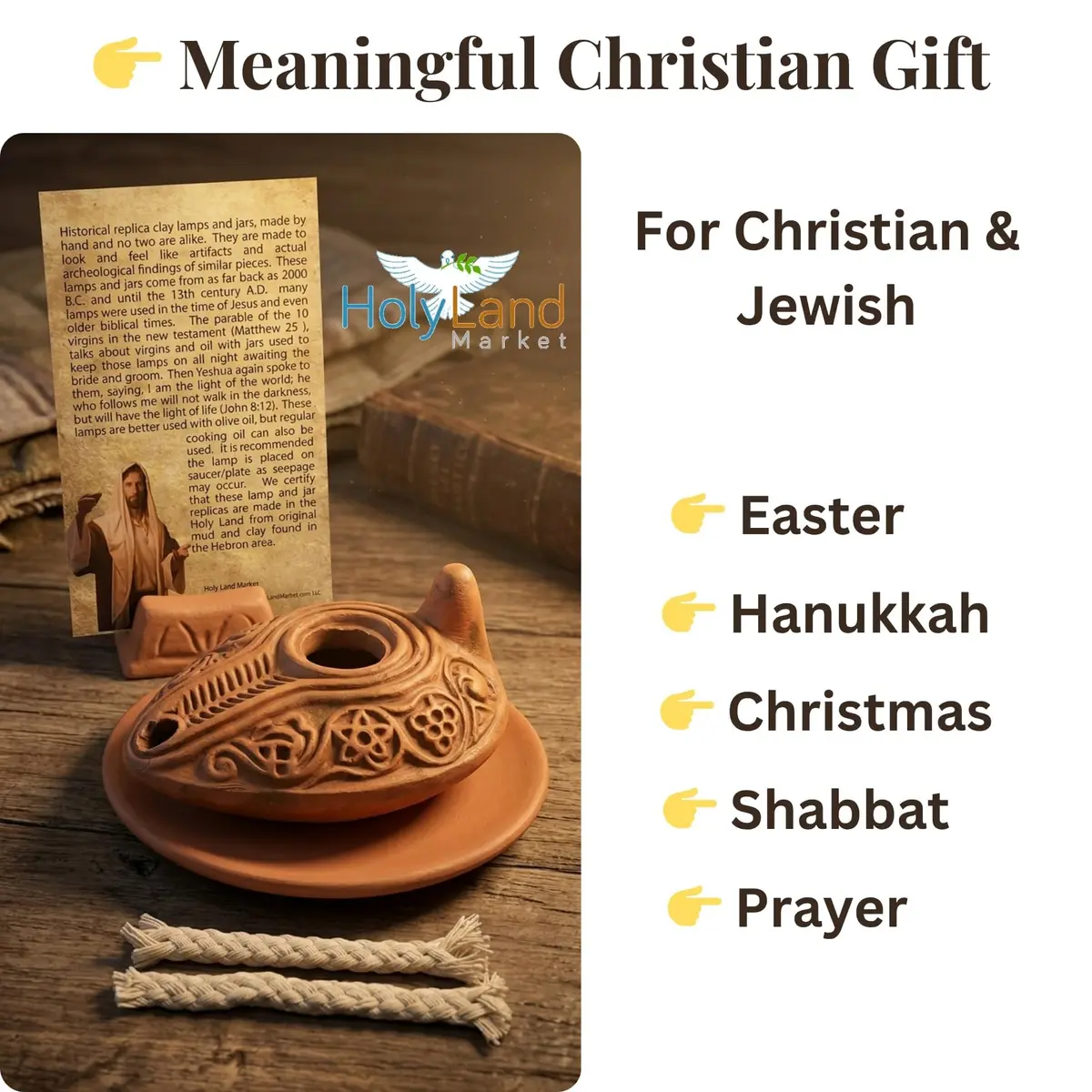 Holy Land Market Biblical Clay Oil Lamp Set, Byzantine Style, Plate, Wicks | Handcrafted Faith Symbol (120 chars) - view 7