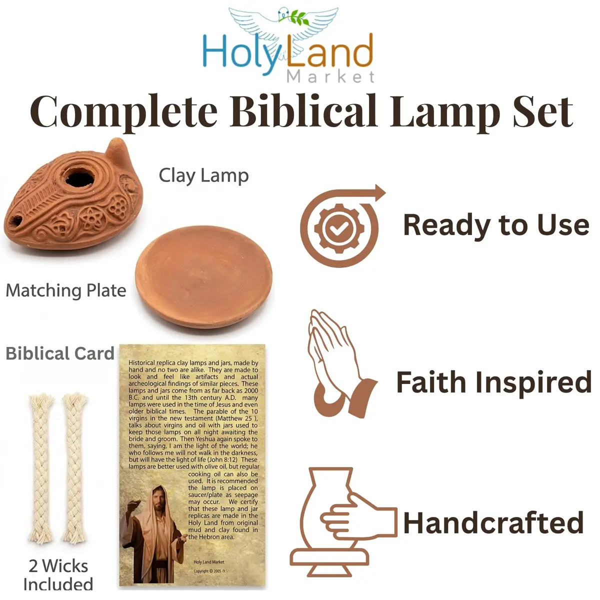 Holy Land Market Biblical Clay Oil Lamp Set, Byzantine Style, Plate, Wicks | Handcrafted Faith Symbol (120 chars) - view 2