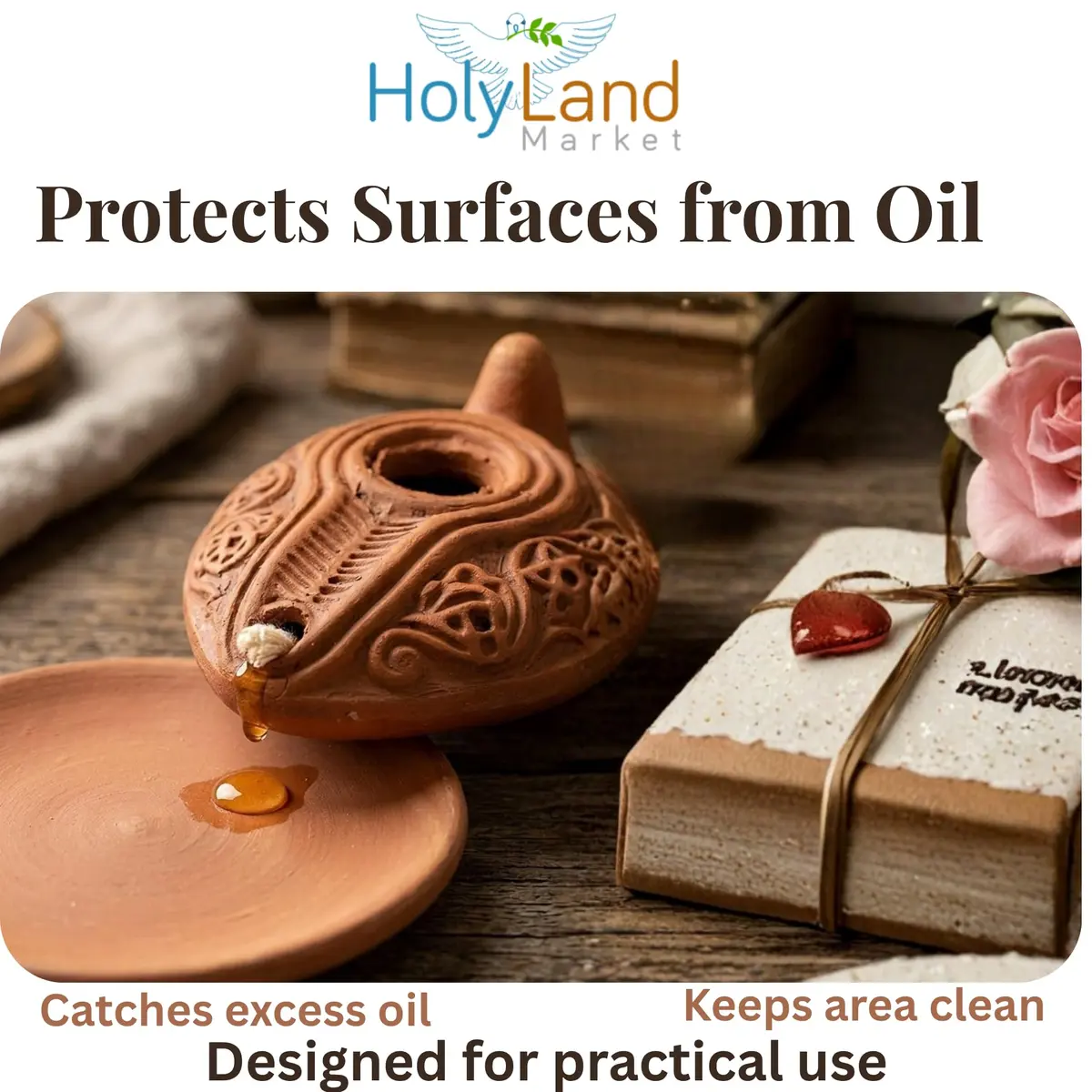 Holy Land Market Biblical Clay Oil Lamp Set, Byzantine Style, Plate, Wicks | Handcrafted Faith Symbol (120 chars) - view 3