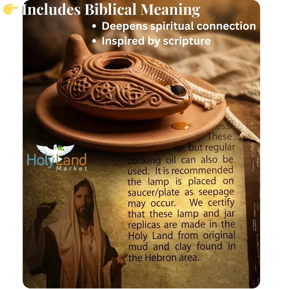 Holy Land Market Biblical Clay Oil Lamp Set, Byzantine Style, Plate, Wicks | Handcrafted Faith Symbol (120 chars) - view 4
