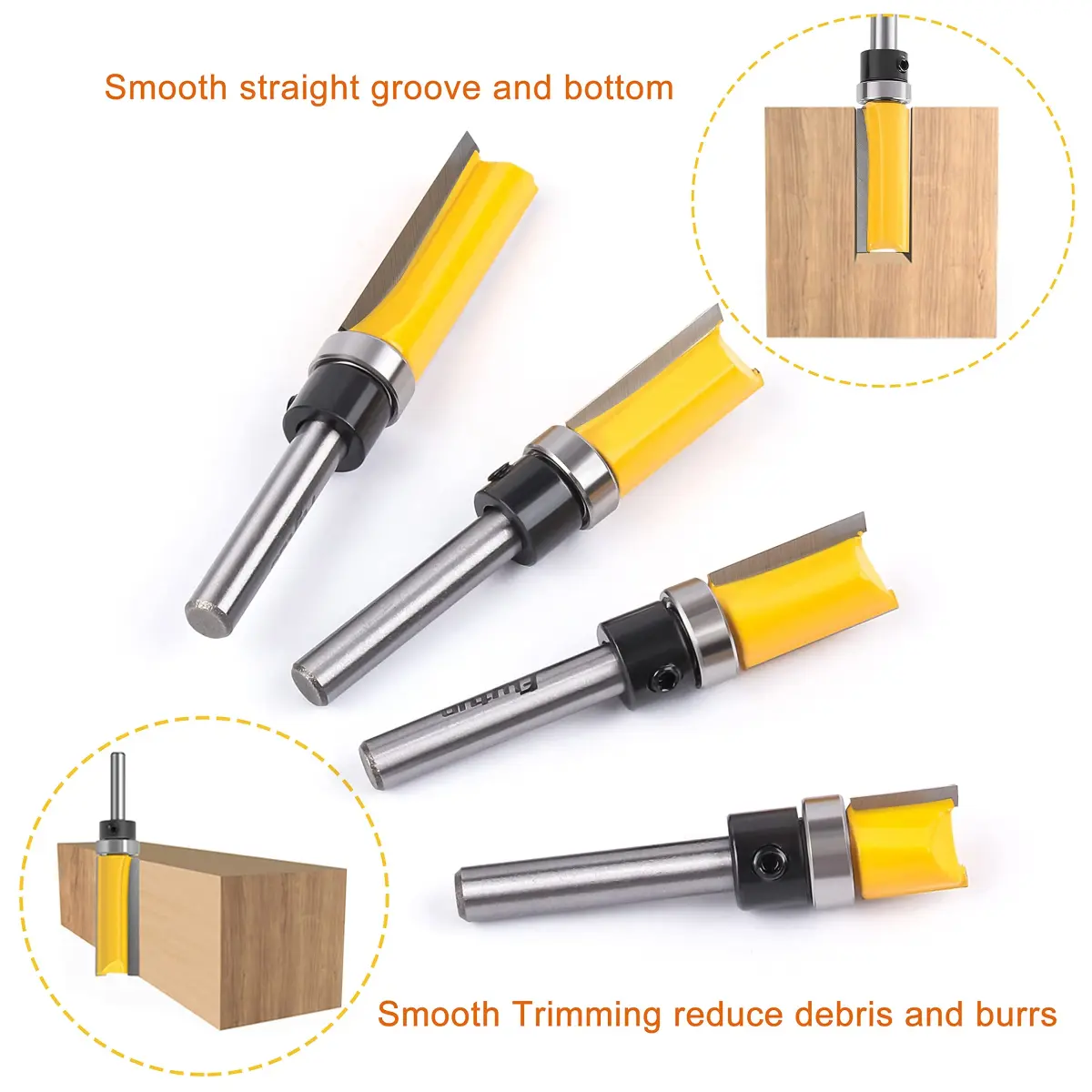 Flytuo 4-Piece Pattern Flush Trim Router Bit Set 1/4" Shank, 1/2" (12.7mm) Cutting Dia | Professional Carbide Top Bearing Kit - view 6