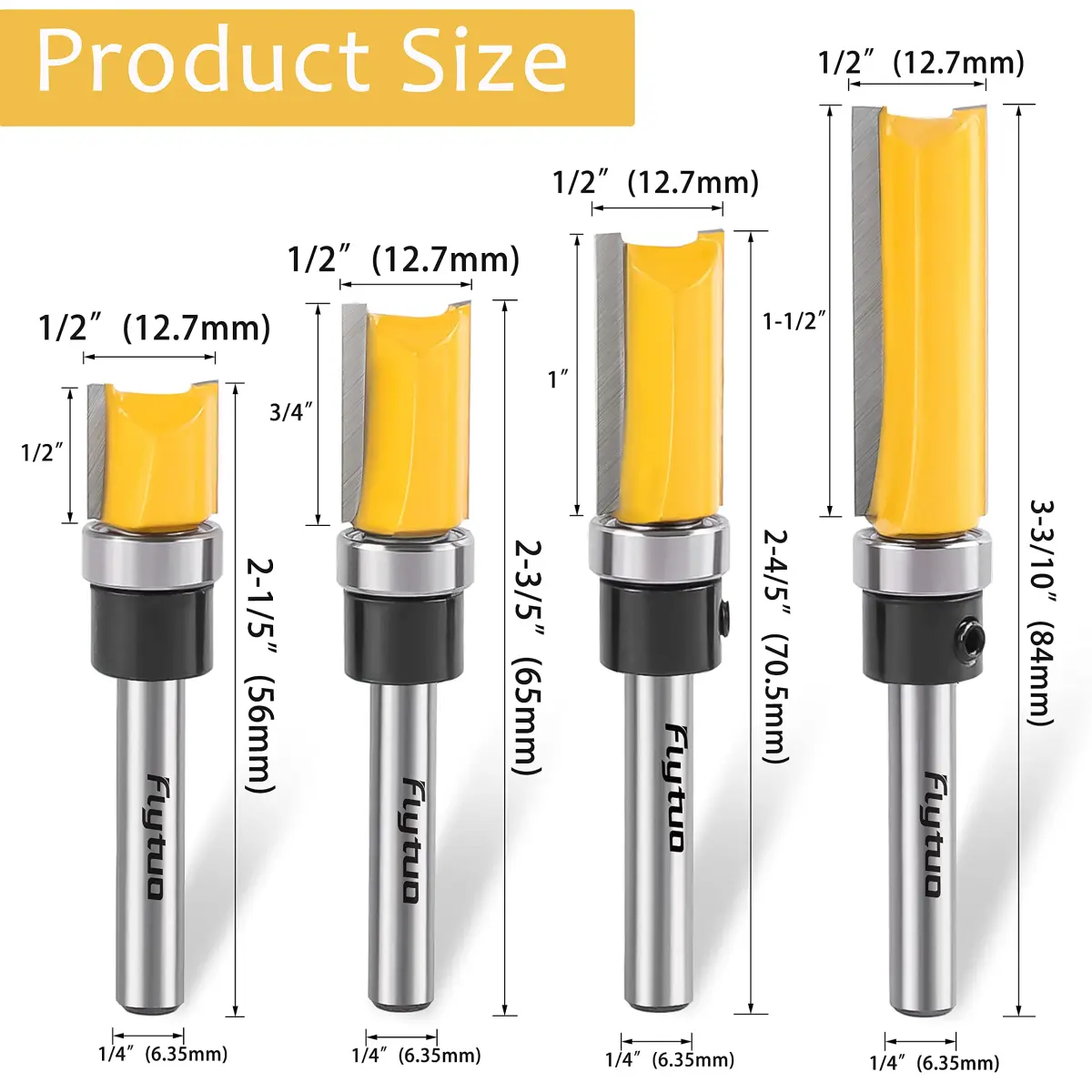 Flytuo 4-Piece Pattern Flush Trim Router Bit Set 1/4" Shank, 1/2" (12.7mm) Cutting Dia | Professional Carbide Top Bearing Kit - view 2