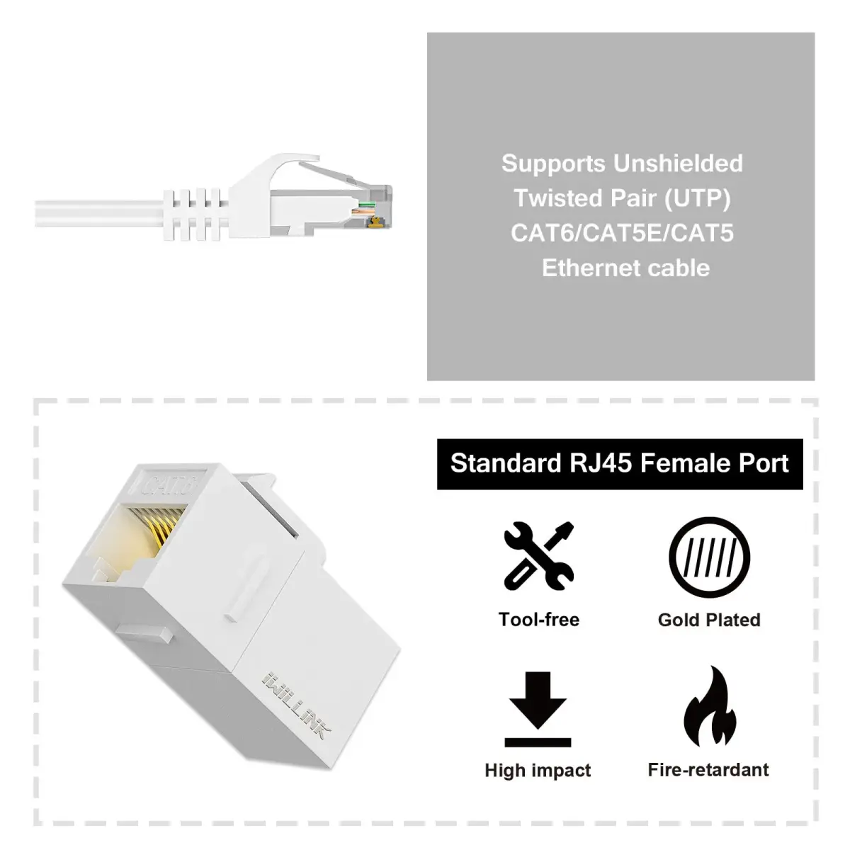 iwillink Cat6 Keystone Coupler 5-Pack, White | Connects Two Ethernet Cables for Stable Gigabit Speeds - view 4