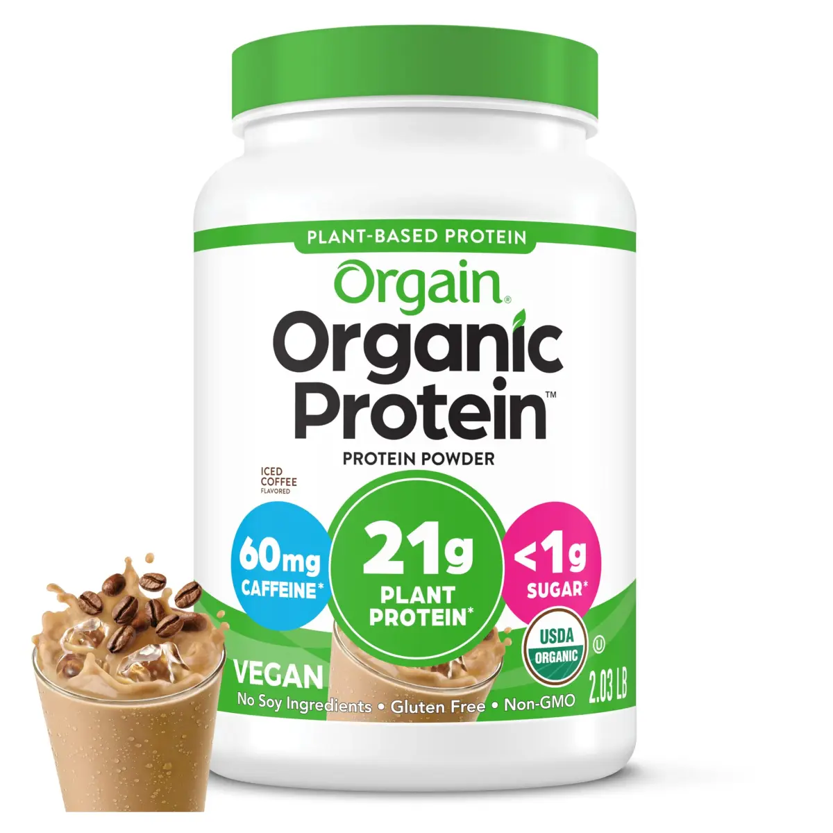 Orgain Organic Vegan 21g Protein Powder Iced Coffee 2.03 lb (920 g) | USDA Organic Plant-Based Protein with Caffeine - main product image