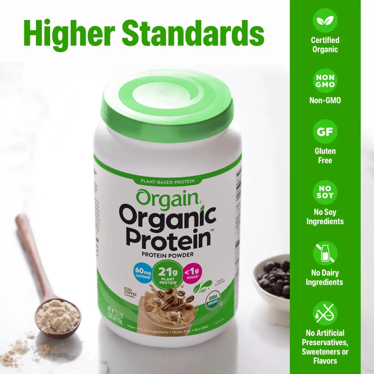 Orgain Organic Vegan 21g Protein Powder Iced Coffee 2.03 lb (920 g) | USDA Organic Plant-Based Protein with Caffeine - view 4
