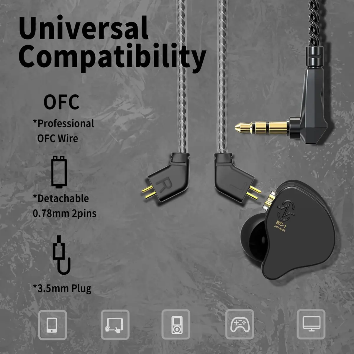 YINYOO CCZ Melody Wired In-Ear Gaming Earbuds with Mic | 1.2m Detachable Cable, 16 Ohm Impedance - view 4
