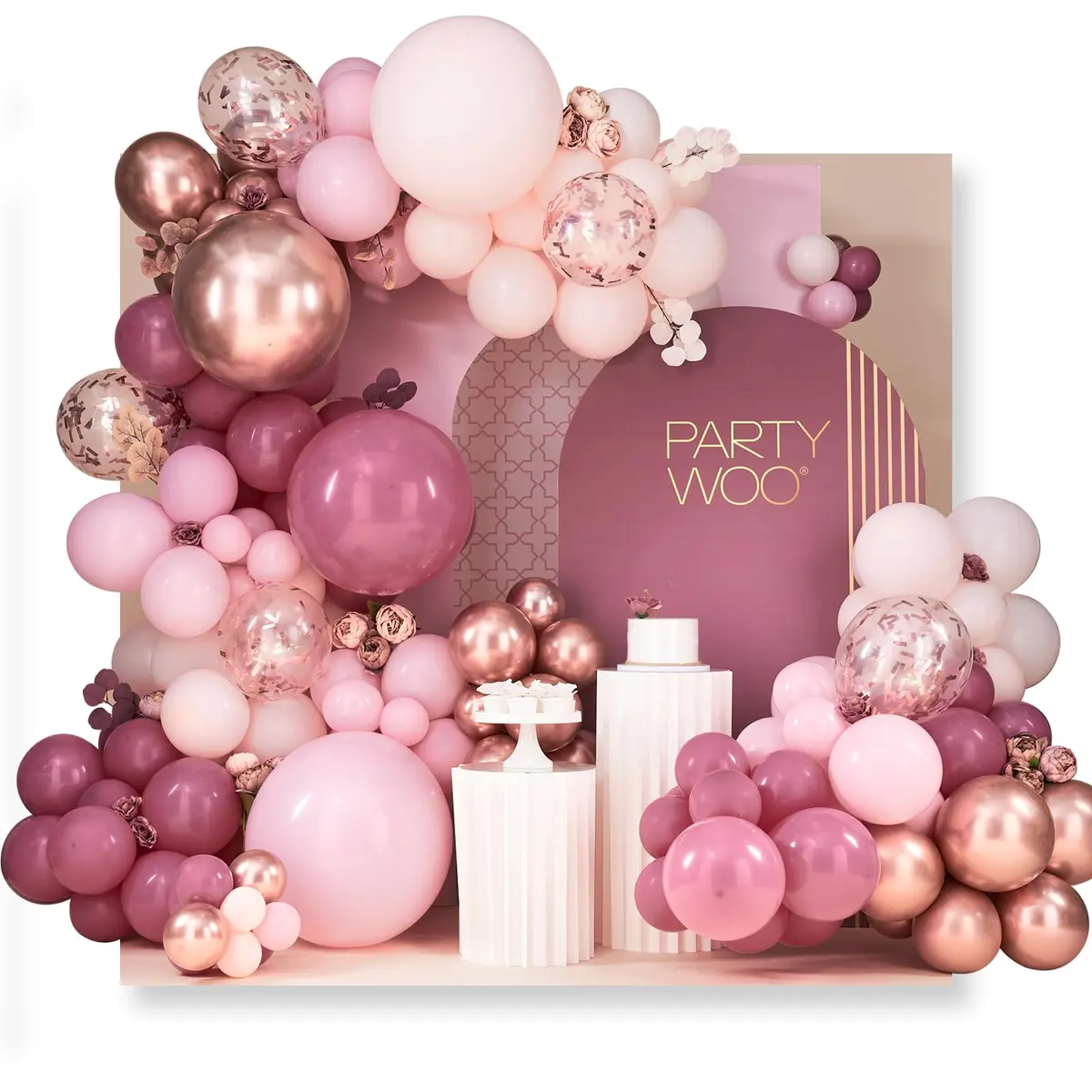 PartyWoo Rose Gold Pink Metallic Latex Balloon Arch Kit 140pcs | Assorted Colors for Party Planners - main product image