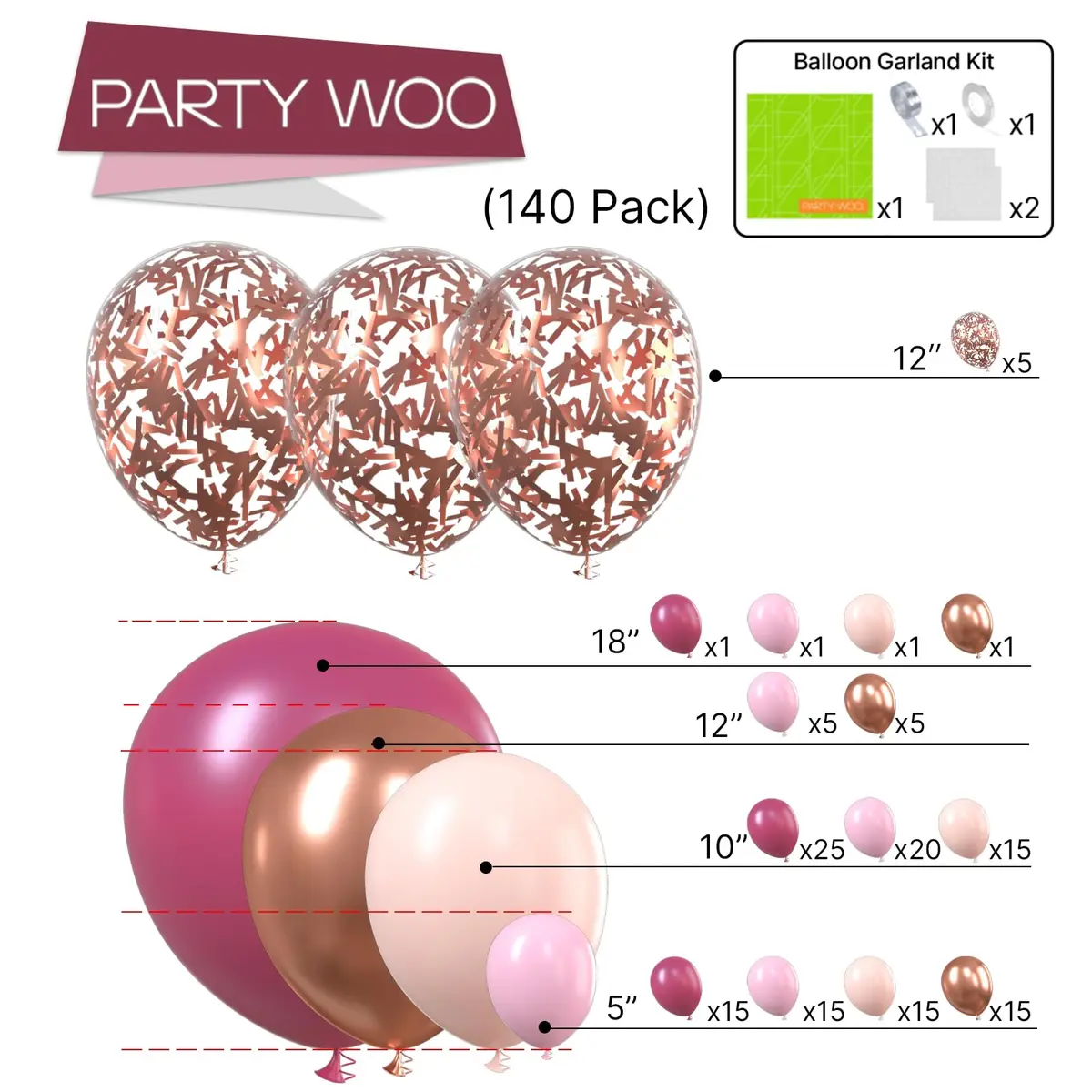 PartyWoo Rose Gold Pink Metallic Latex Balloon Arch Kit 140pcs | Assorted Colors for Party Planners - view 2