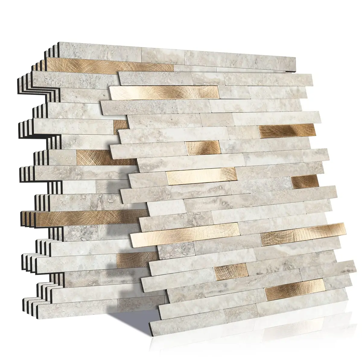 KASARO 6-Sheet Peel and Stick Backsplash Tiles for Kitchen, Beige + Gold | Modern Geometric Aluminum Wall Tile - main product image