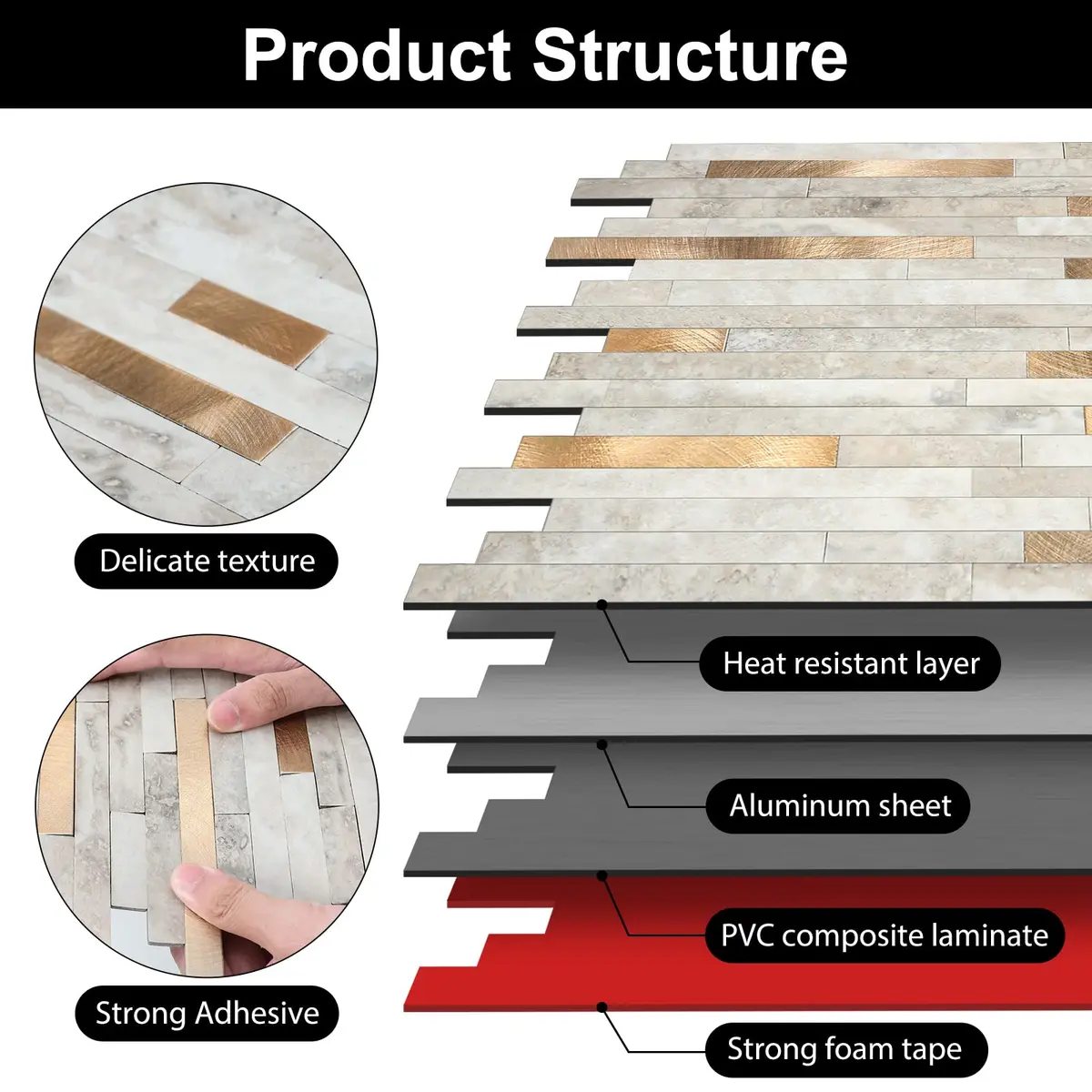 KASARO 6-Sheet Peel and Stick Backsplash Tiles for Kitchen, Beige + Gold | Modern Geometric Aluminum Wall Tile - view 6