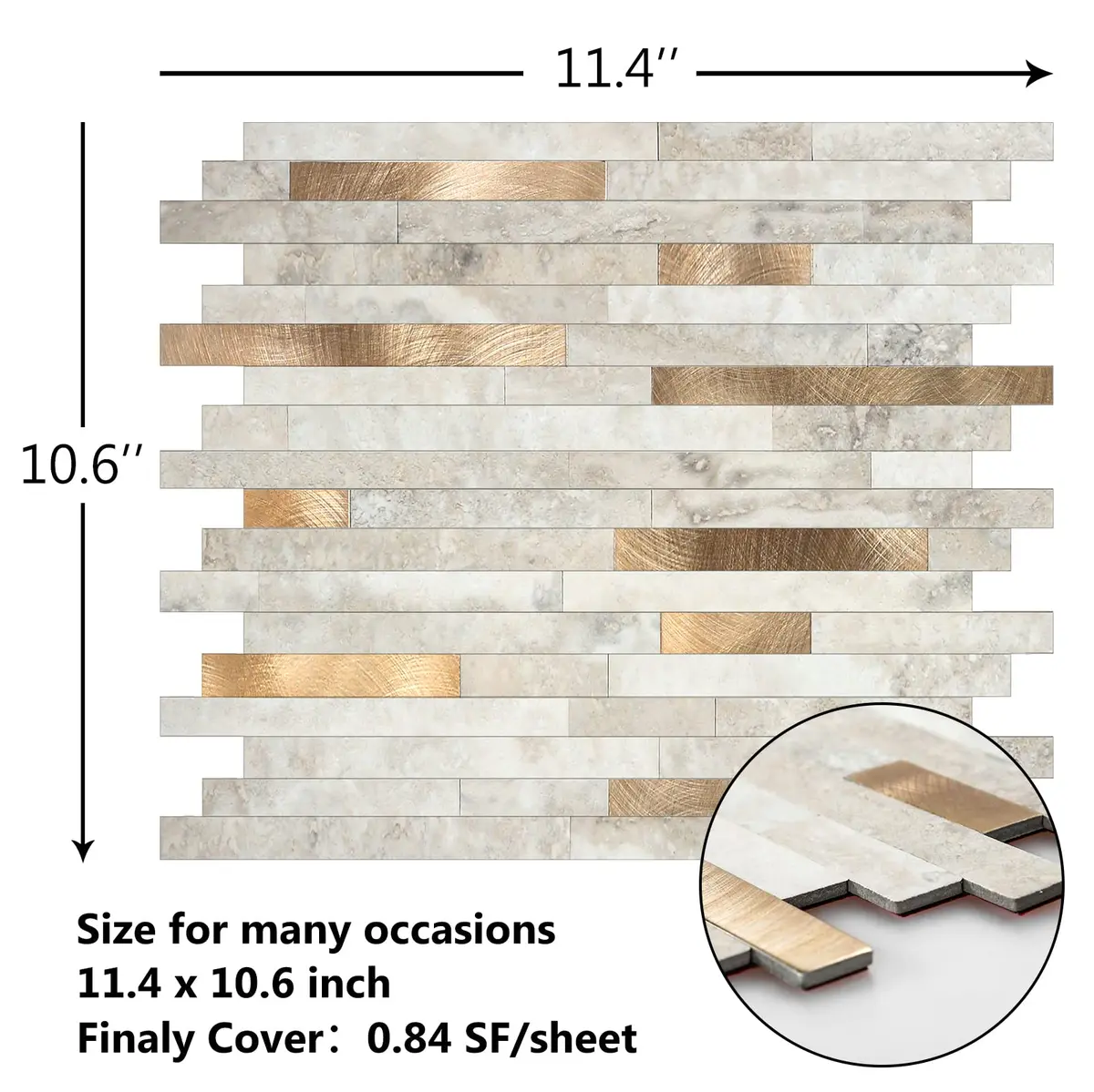 KASARO 6-Sheet Peel and Stick Backsplash Tiles for Kitchen, Beige + Gold | Modern Geometric Aluminum Wall Tile - view 2