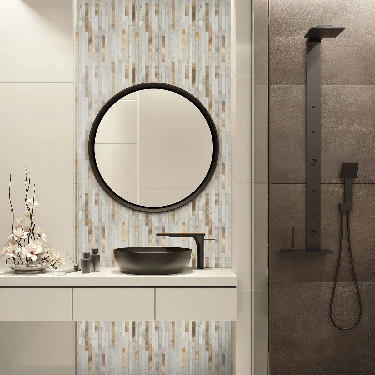 KASARO 6-Sheet Peel and Stick Backsplash Tiles for Kitchen, Beige + Gold | Modern Geometric Aluminum Wall Tile - view 3
