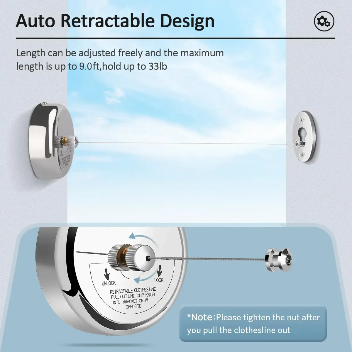 Clatoon Retractable Clothesline 2.7m (9ft) | Heavy Duty 304 Stainless Steel Drying Rope for Indoor & Outdoor Use - view 4