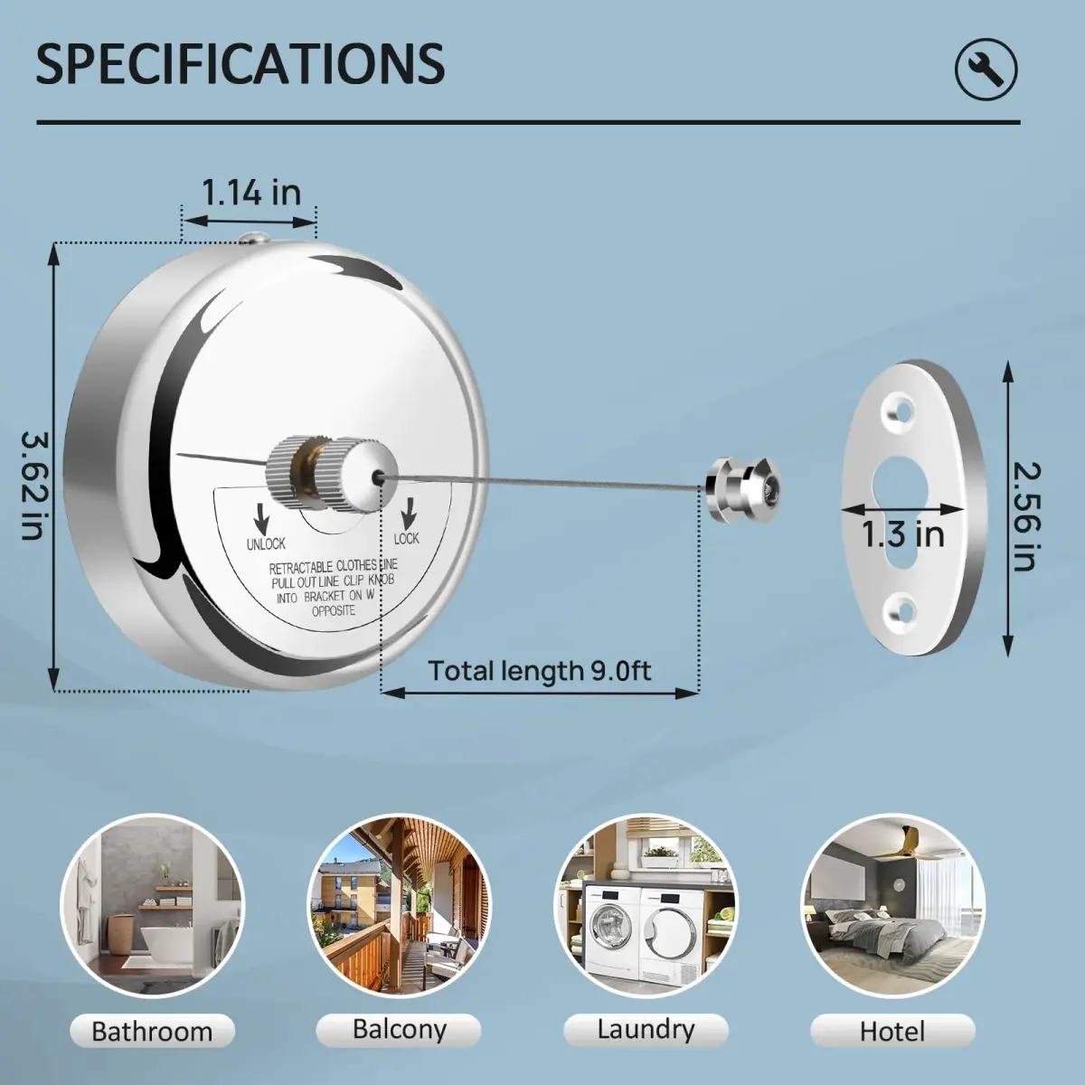 Clatoon Retractable Clothesline 2.7m (9ft) | Heavy Duty 304 Stainless Steel Drying Rope for Indoor & Outdoor Use - view 5
