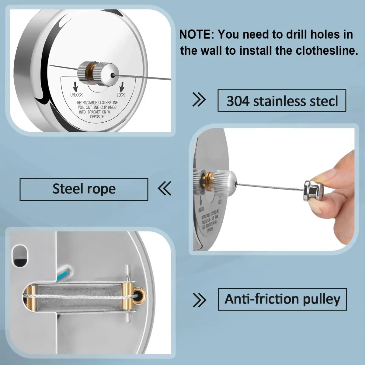 Clatoon Retractable Clothesline 2.7m (9ft) | Heavy Duty 304 Stainless Steel Drying Rope for Indoor & Outdoor Use - view 2