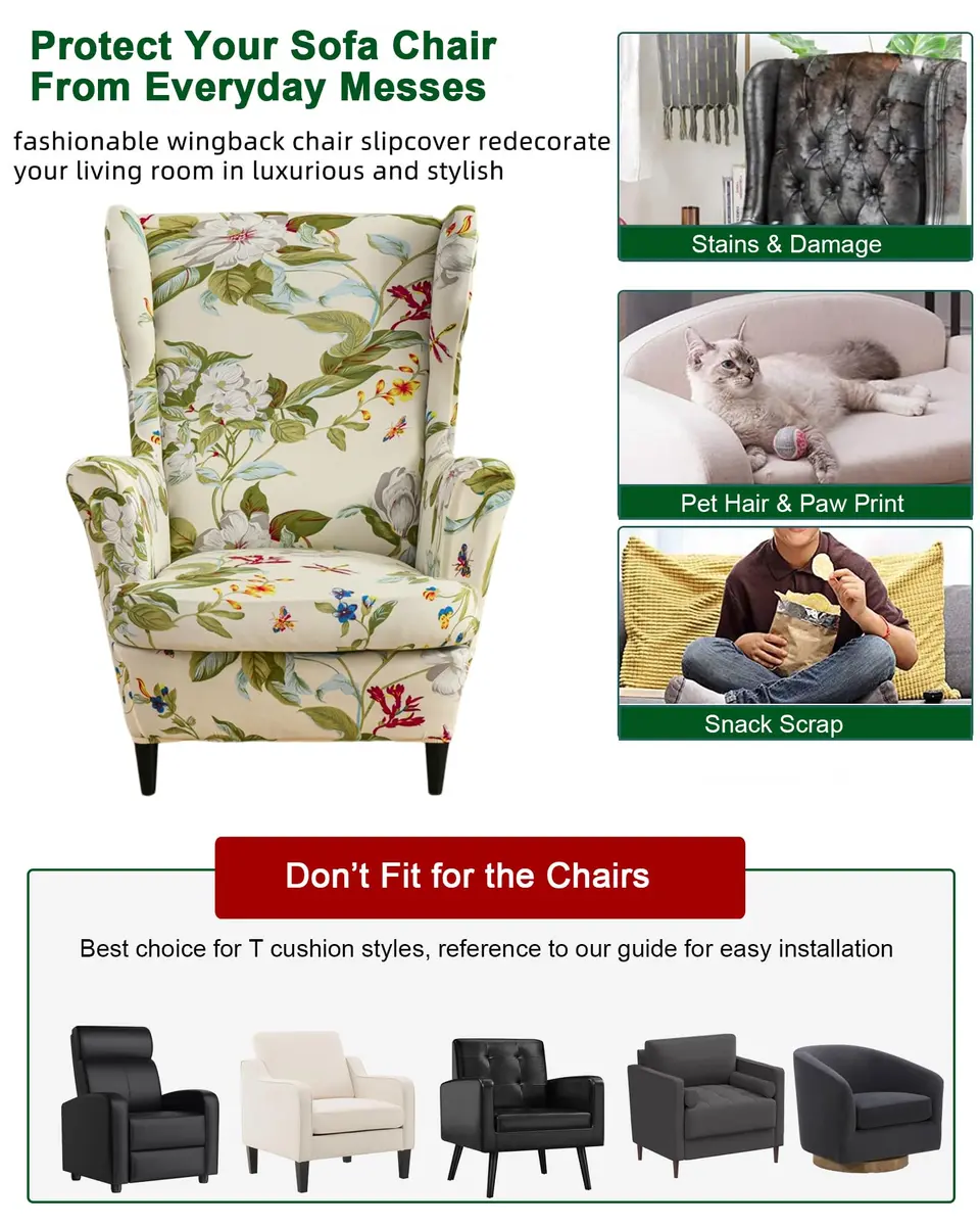 CRFATOP Wingback Chair Covers 2-Piece Set (1 Wing Cover + 1 Cushion Cover) | Stretch Polyester Spandex Blend, Floral Pattern, Modern Style - view 5