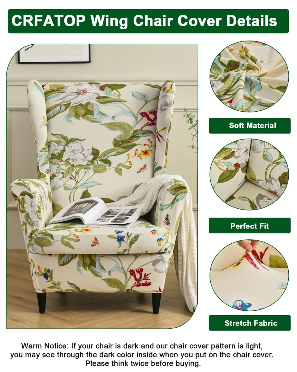 CRFATOP Wingback Chair Covers 2-Piece Set (1 Wing Cover + 1 Cushion Cover) | Stretch Polyester Spandex Blend, Floral Pattern, Modern Style - view 2