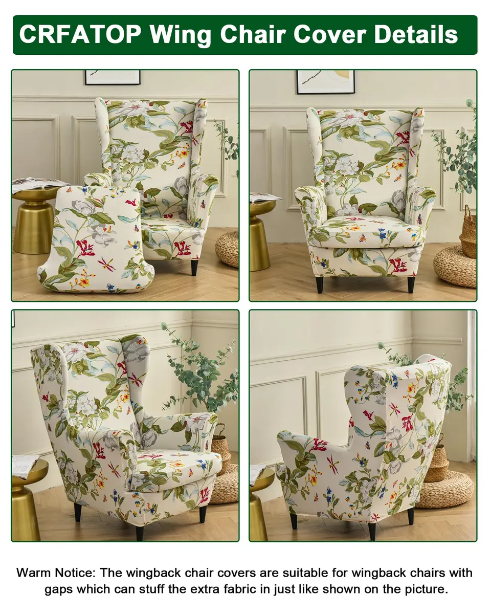CRFATOP Wingback Chair Covers 2-Piece Set (1 Wing Cover + 1 Cushion Cover) | Stretch Polyester Spandex Blend, Floral Pattern, Modern Style - view 3