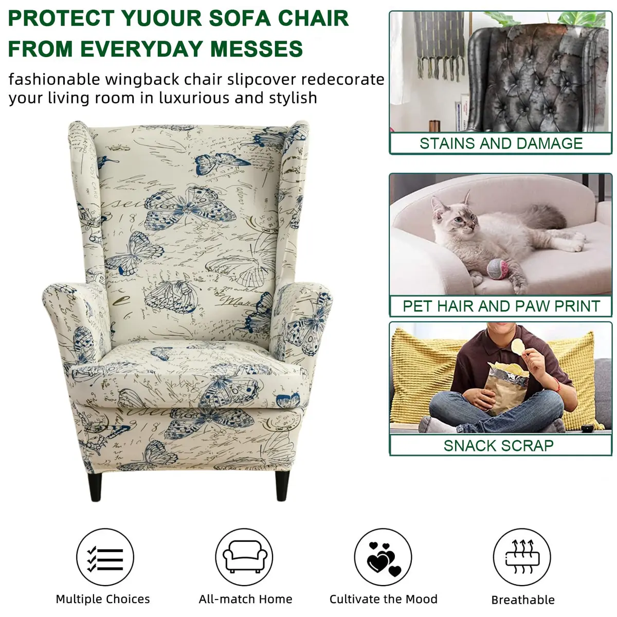 CRFATOP Wingback Chair Cover Color 04 Floral Pattern Stretchable Armchair Slipcover for Living Room, 2 Pieces (Fits 37.4-43.3in Backrest) - view 5