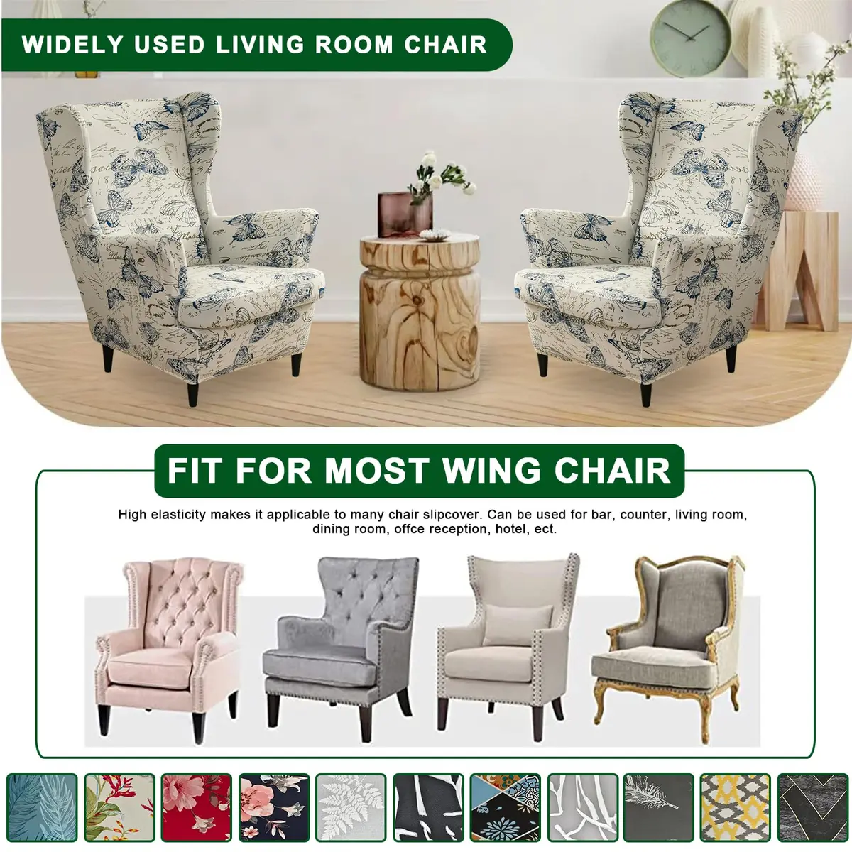 CRFATOP Wingback Chair Cover Color 04 Floral Pattern Stretchable Armchair Slipcover for Living Room, 2 Pieces (Fits 37.4-43.3in Backrest) - view 6