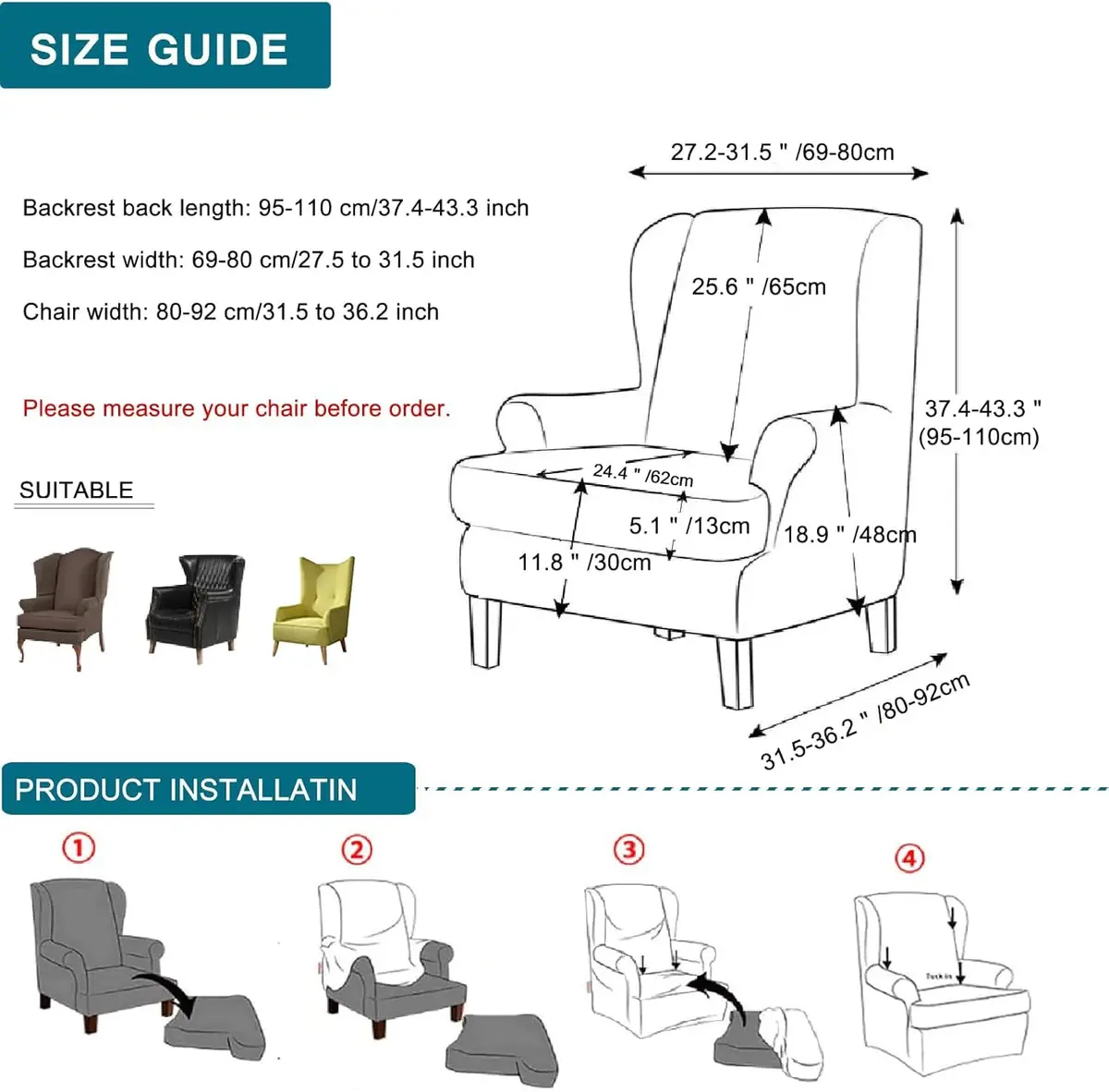 CRFATOP Wingback Chair Cover Color 04 Floral Pattern Stretchable Armchair Slipcover for Living Room, 2 Pieces (Fits 37.4-43.3in Backrest) - view 8