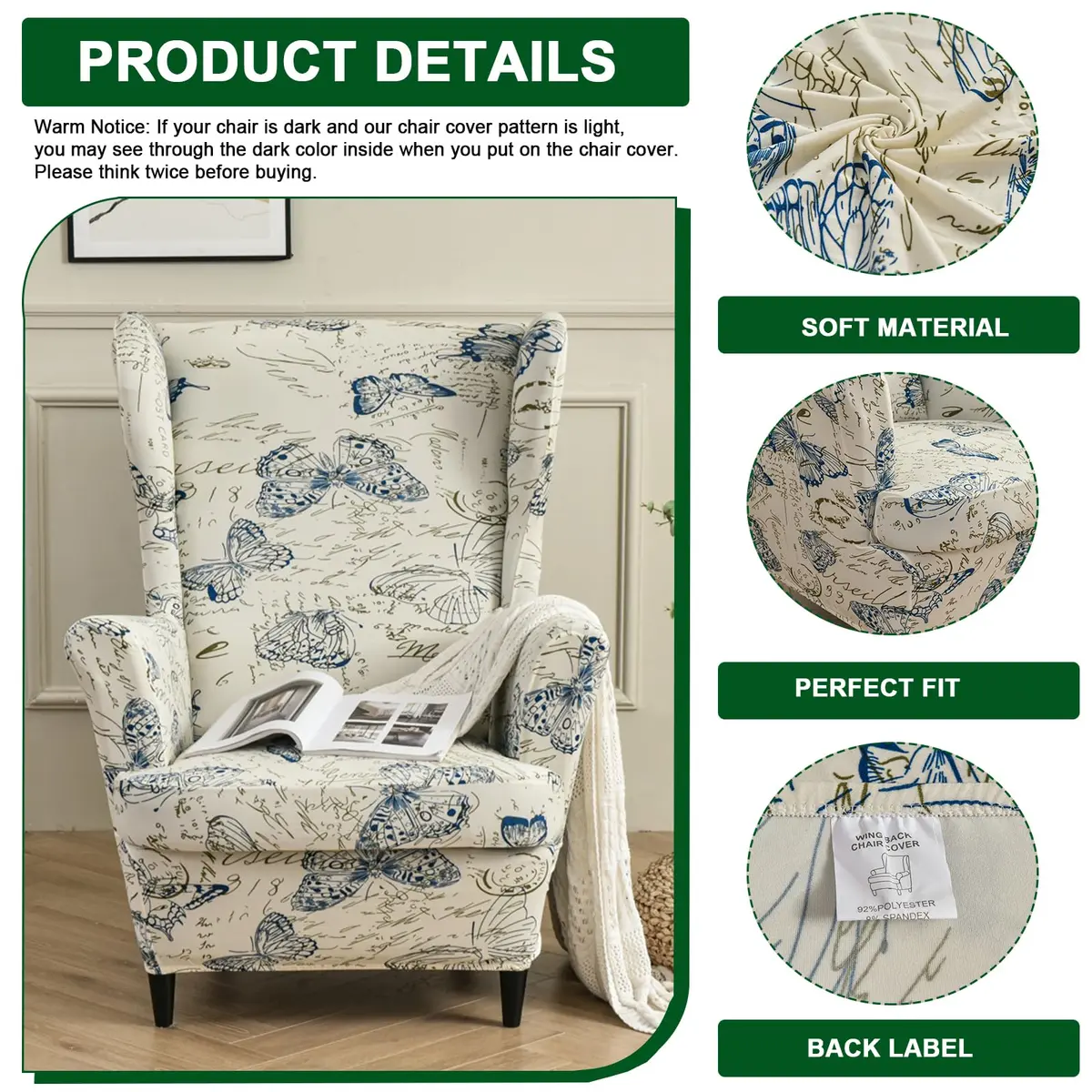 CRFATOP Wingback Chair Cover Color 04 Floral Pattern Stretchable Armchair Slipcover for Living Room, 2 Pieces (Fits 37.4-43.3in Backrest) - view 2