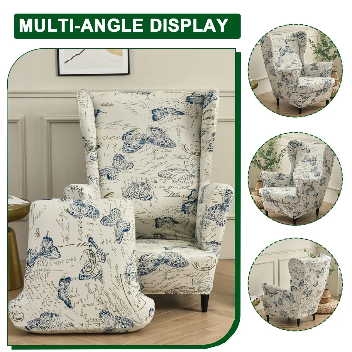 CRFATOP Wingback Chair Cover Color 04 Floral Pattern Stretchable Armchair Slipcover for Living Room, 2 Pieces (Fits 37.4-43.3in Backrest) - view 3