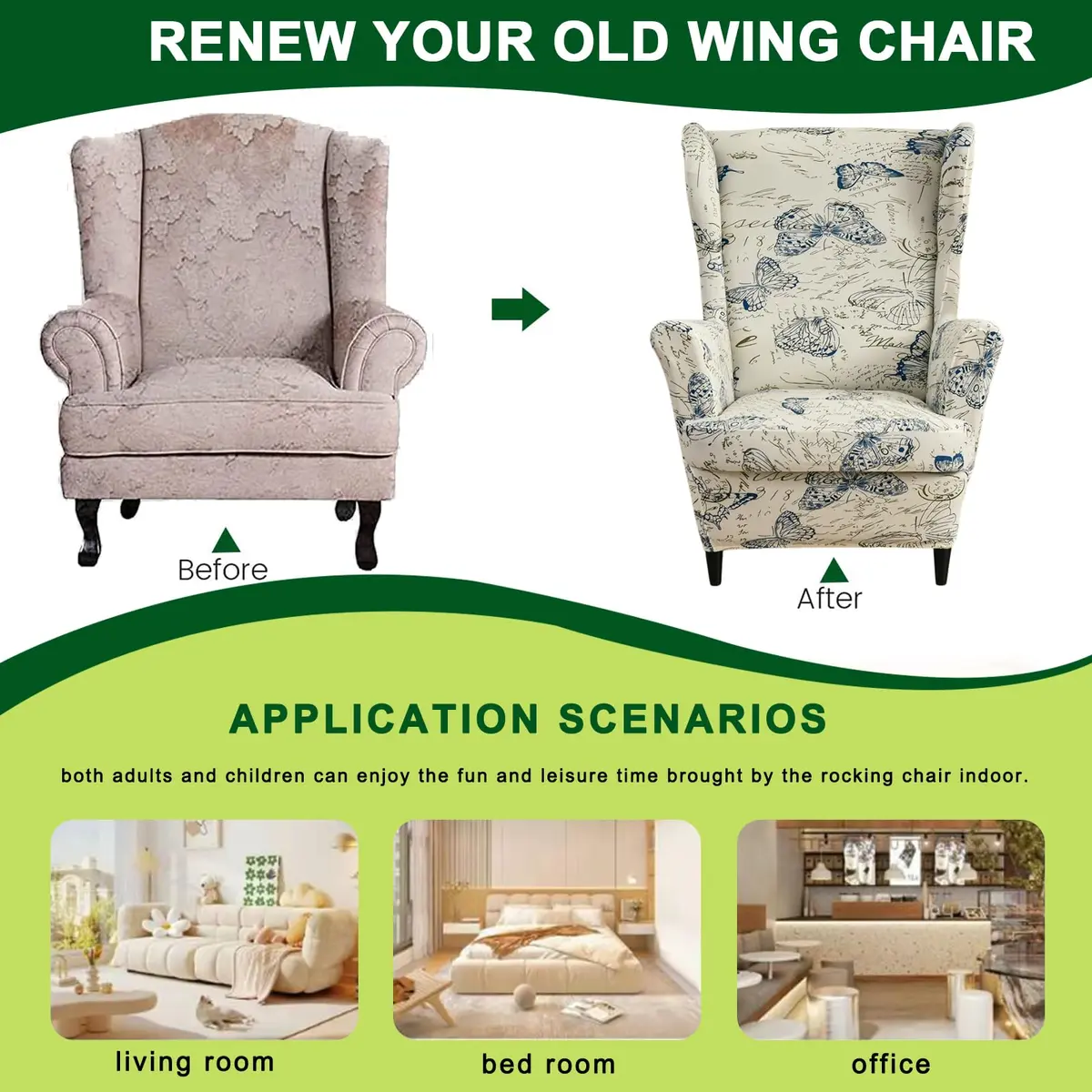 CRFATOP Wingback Chair Cover Color 04 Floral Pattern Stretchable Armchair Slipcover for Living Room, 2 Pieces (Fits 37.4-43.3in Backrest) - view 4