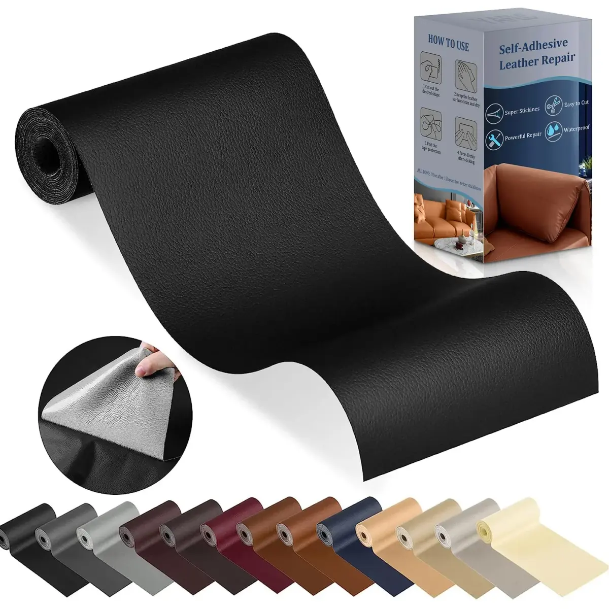 YAFLC Black Self-Adhesive Leather Repair Patch Tape, 1mm Thick, 4" x 63" | Waterproof & Durable - main product image