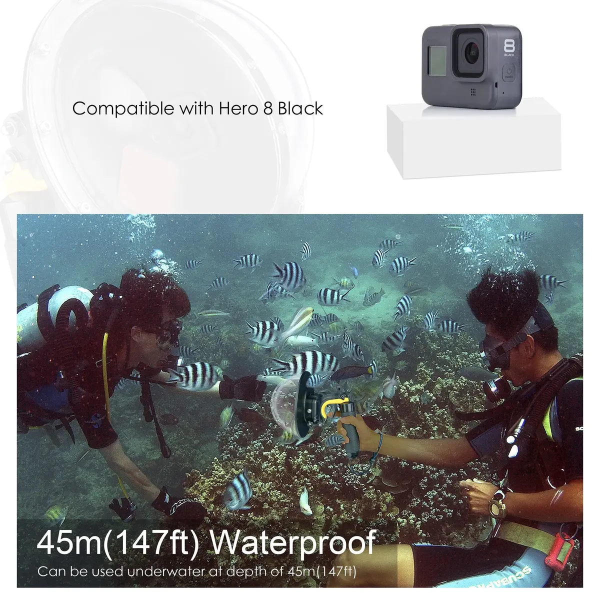 YALLSAME Waterproof Dome Port with Floating Grip for GoPro Hero 8 Black 156g (5.5 oz) | 45m (147ft) Depth Rated - view 4