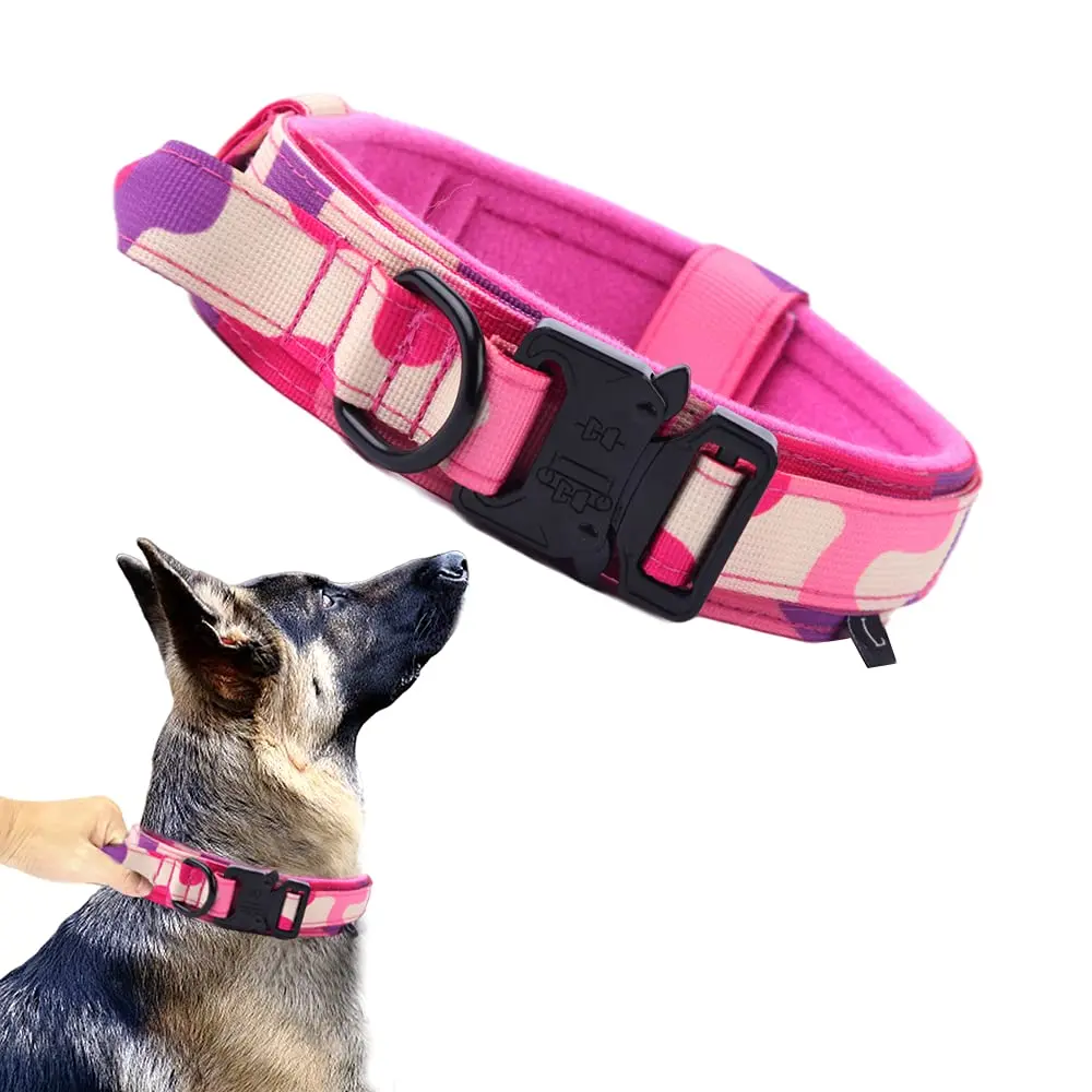 Xqpetlihai Tactical Dog Collar Adjustable Military Nylon Dog Collar with Control Handle and Heavy Duty Metal Buckle for Medium and Large Dogs (Pink Camo,L) | Heavy Duty Nylon & Metal Buckle - main product image