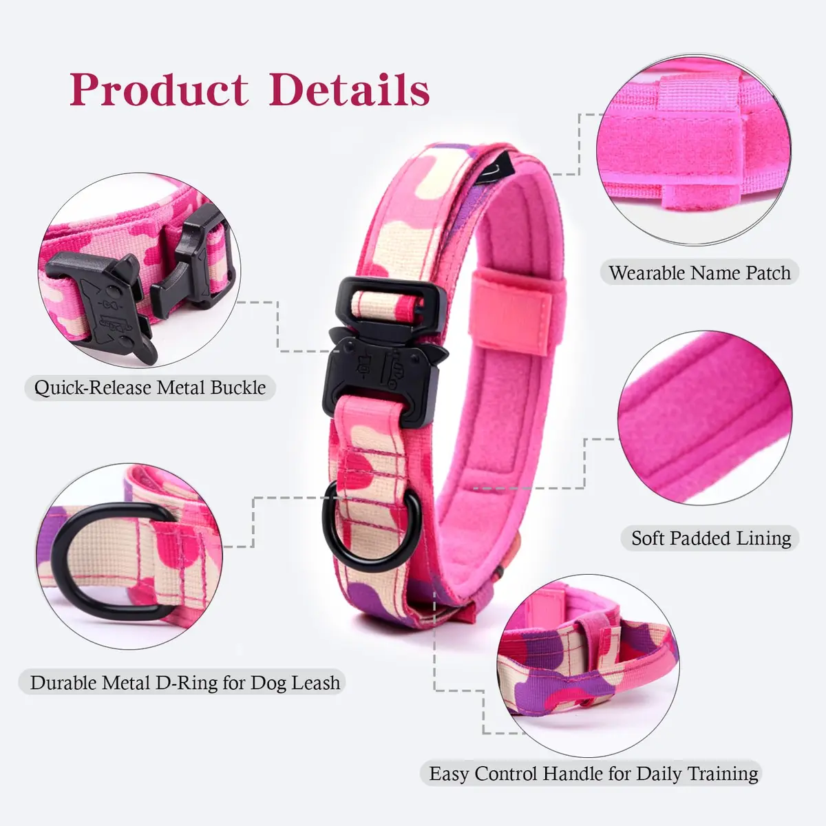 Xqpetlihai Tactical Dog Collar Adjustable Military Nylon Dog Collar with Control Handle and Heavy Duty Metal Buckle for Medium and Large Dogs (Pink Camo,L) | Heavy Duty Nylon & Metal Buckle - view 4