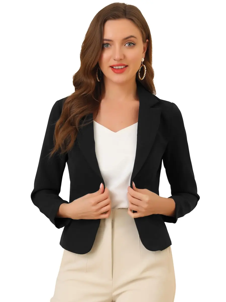Allegra K Women's Open Front Crop Suit Blazer Medium Black-Solid with Tone-on-Tone Floral Print | 53.6 cm (21.1 inches) Length - main product image