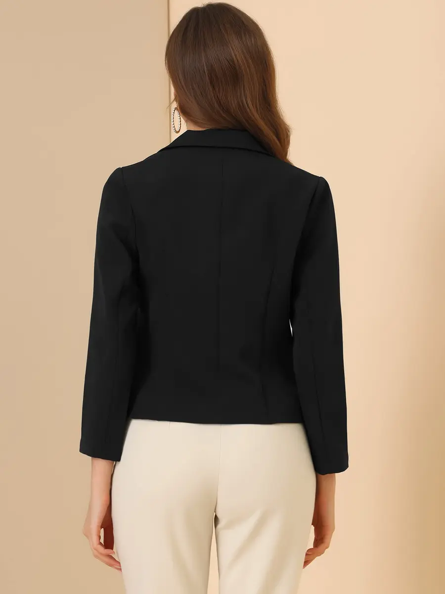 Allegra K Women's Open Front Crop Suit Blazer Medium Black-Solid with Tone-on-Tone Floral Print | 53.6 cm (21.1 inches) Length - view 5