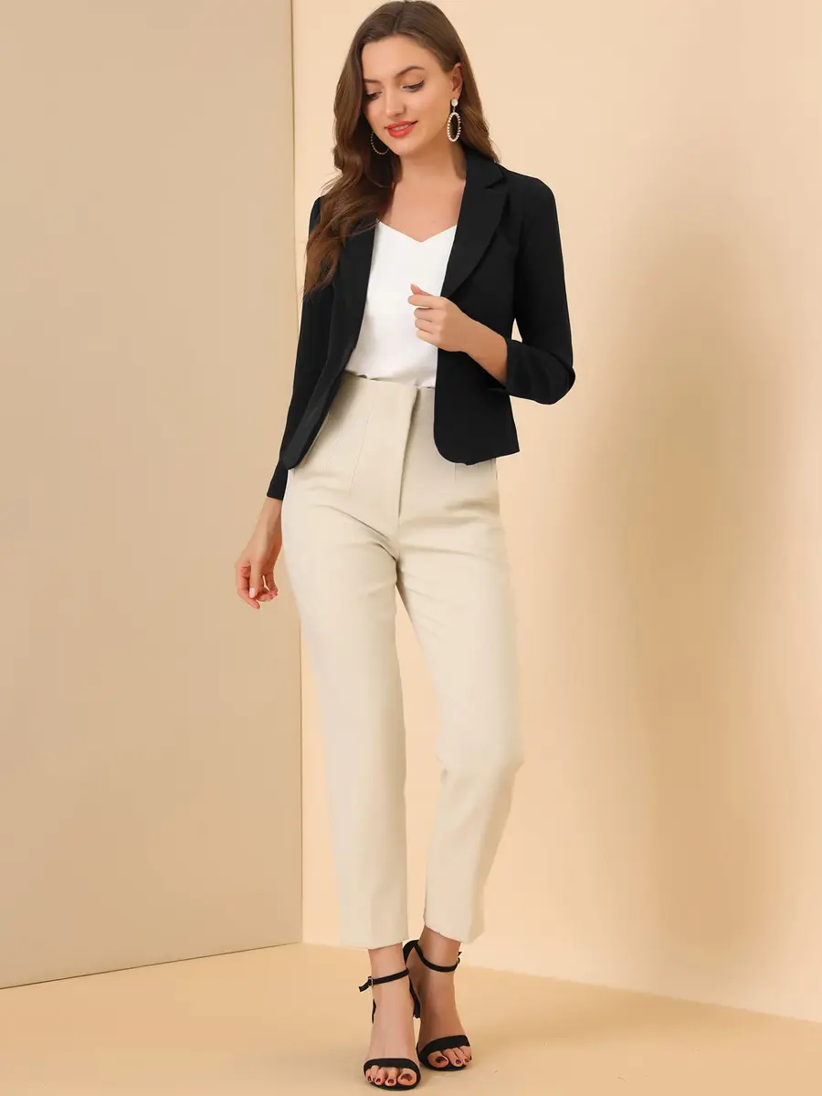 Allegra K Women's Open Front Crop Suit Blazer Medium Black-Solid with Tone-on-Tone Floral Print | 53.6 cm (21.1 inches) Length - view 3